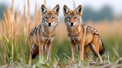 Obraz premium Two Coyotes Facing Camera in Grassy Field
