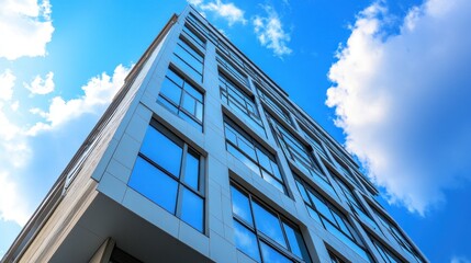 Modern building, city skyline, blue sky, clouds, low angle view, architectural design