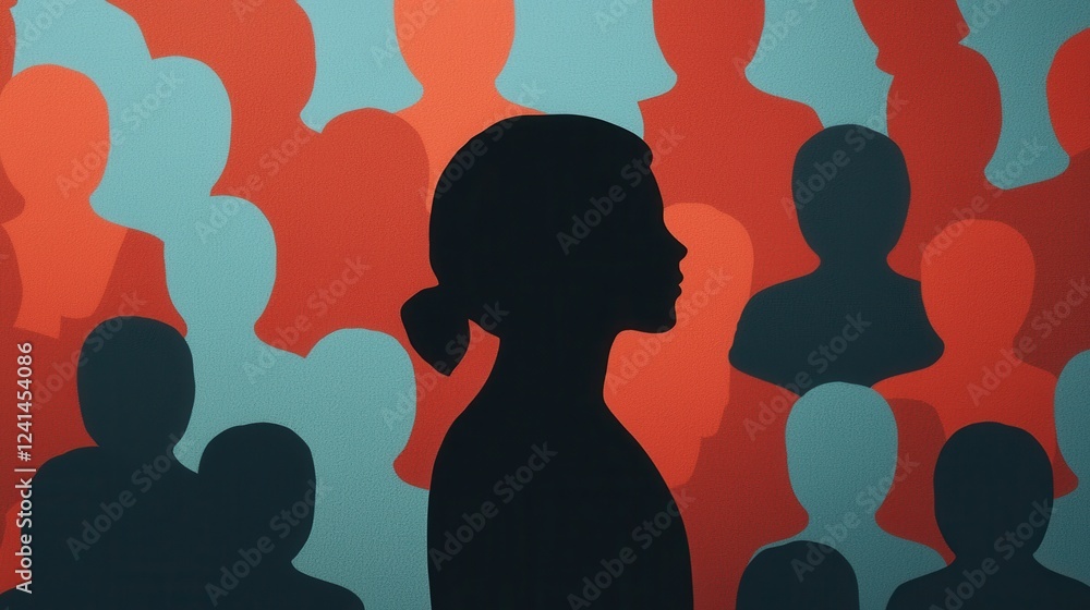 Poster silhouette of a woman against a background of abstract colorful crowd representing community and con