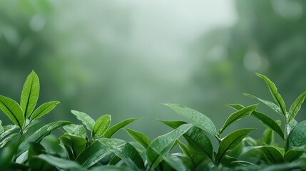 Fresh Green Leaves with Dew Drops in Soft Focus Background for Eco-Friendly Themes and Nature Inspirations