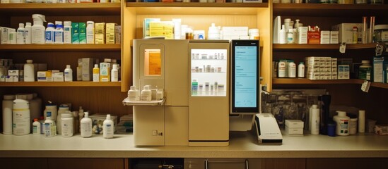 Pharmacy automation system dispensing medication, shelves stocked with drugs, night
