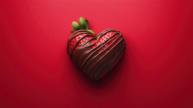 A decadent melting chocolate coated red heart shaped strawberry, sugar syrup, melted chocolate dripping  on red color background for valentine's day, Love, anniversary, wedding celebration concept