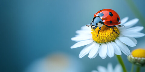 Fototapeta premium A vibrant red ladybug on a white daisy with a yellow center, captured in close-up against a soft blue background, highlighting its natural beauty.