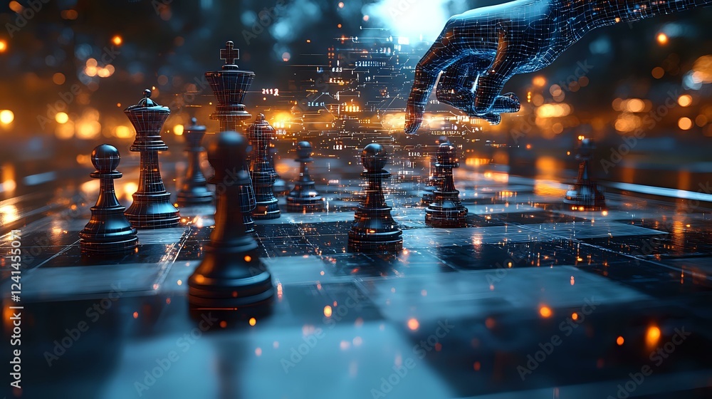 Poster chess pieces on reflective surface with dramatic lighting and bokeh effects create atmospheric mood 