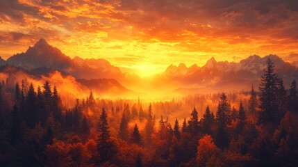 Fiery sunset over misty mountain forest
