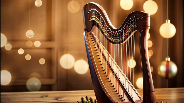 Enchanting harp serenades create a festive atmosphere in a warmly lit winter setting during the holiday season