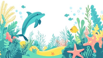 Obraz premium Exciting Underwater Scene with Dolphin and Colorful Coral Reef Design for Creative Projects and Illustrations