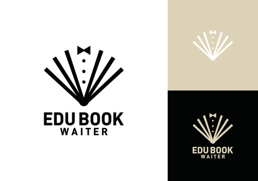 open book with waiter logo. education food restaurant symbol vector design