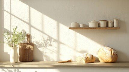 Cozy kitchen setting with fresh bread, wooden elements, minimalistic design, and sunlight casting soft shadows on a neutral background