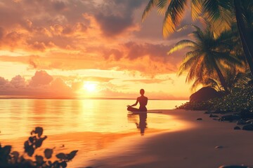 Fototapeta premium Serene meditation by the ocean at sunrise, peaceful.