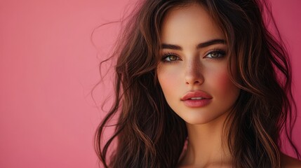 Naklejka premium young brunette woman on pink color background