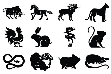 Chinese zodiac animals set.Chinese New Year horoscope animals. China zodiac calendar logo, asian lunar astrology signs. Vector illustration. 
