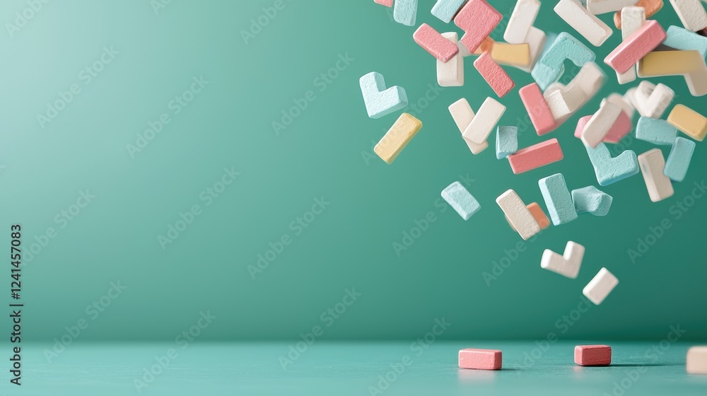 Poster colorful letter blocks floating above a clean surface in a soft green background