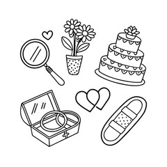 Valentine's Day Doodle Det, Wedding Rings and Heart-Shaped Cake
