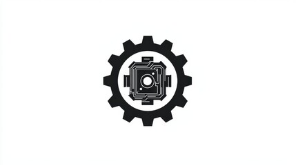 Obraz premium Minimalist Black and White Logo Design Featuring a Gear and Circuit Pattern on a Clean Background