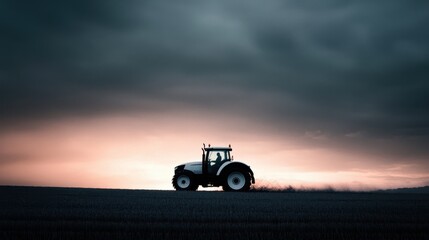 Tranquil Agricultural Landscape with Tractor at Dusk under Dramatic Sky and Low Clouds