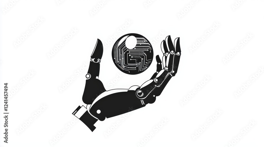Aufkleber minimalist black and white logo design featuring a robotic hand holding a circular object with circu