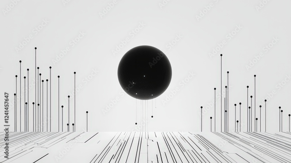 Aufkleber minimalist black sphere design with lines and dots on clean white background in abstract style