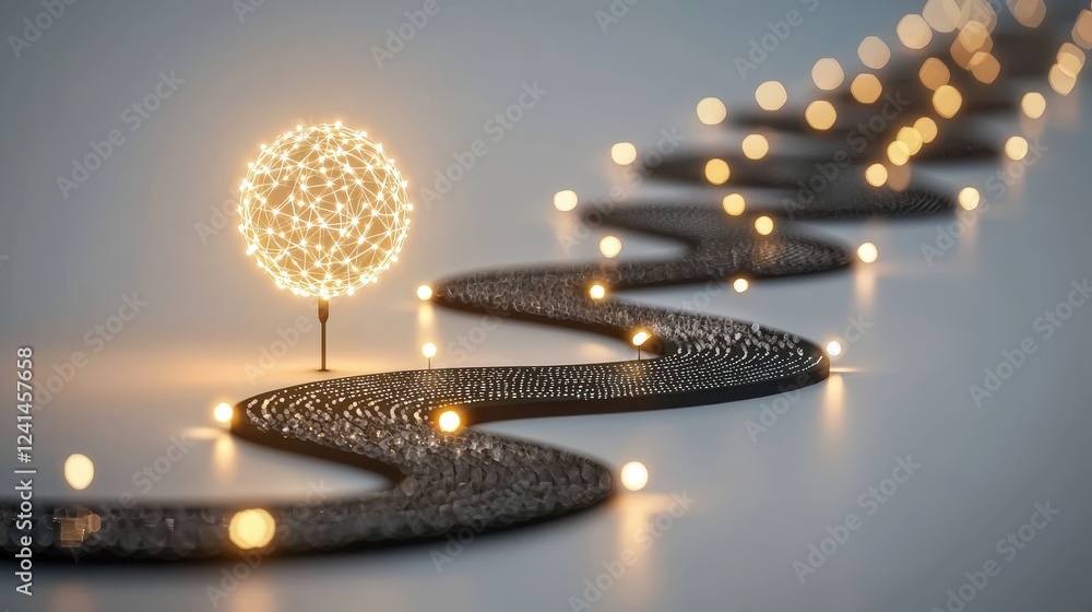 Poster minimalist logo design featuring black elements on white background with abstract lighted ball struc