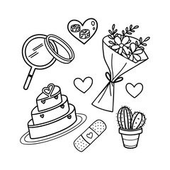 Valentine's Day Doodle Det, Wedding Rings and Heart-Shaped Cake
