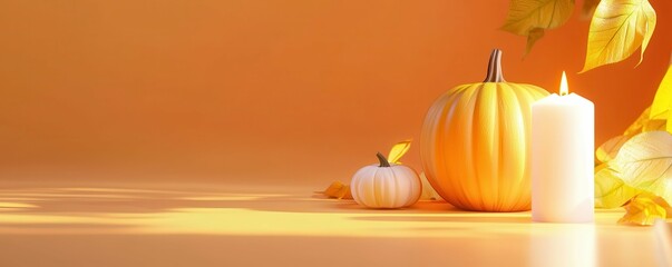 Autumn pumpkins with candle on a warm background.
