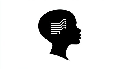 Minimalist Black and White Logo Design Featuring Human Profile with Circuit Patterns in Brain Area