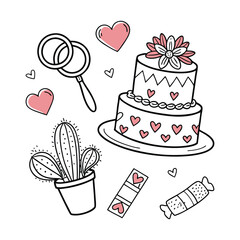 Valentine's Day Doodle Det, Wedding Rings and Heart-Shaped Cake
