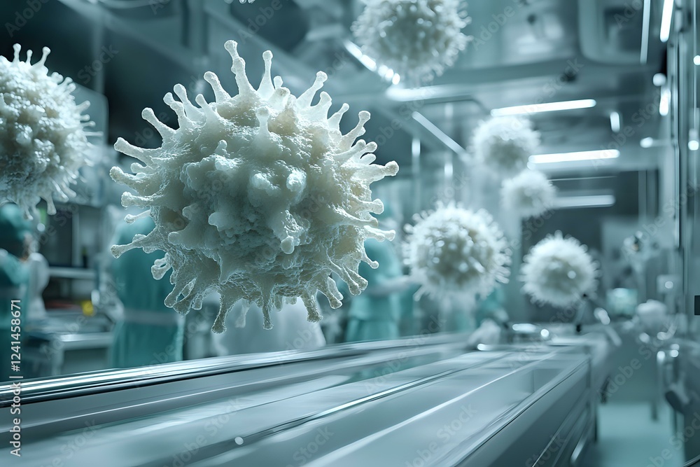 Poster microscopic view of virus cells floating in medical laboratory environment with blurred background a
