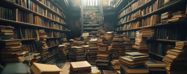 Obraz premium Overflowing library bookshelves, old building, staircase, education