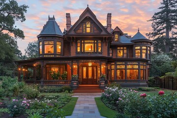 Fototapeta premium Beautiful Victorian mansion with intricate woodwork, large bay windows, and a lush landscaped garden at dusk. Warm lighting adds charm to the grand architectural masterpiece.