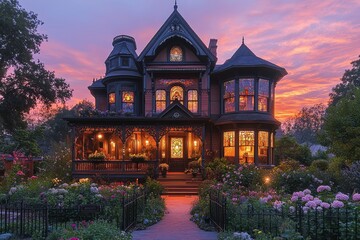  Charming Victorian-style house with warm glowing lights, surrounded by a lush garden under a colorful sunset sky. Elegant details create a welcoming and nostalgic atmosphere.