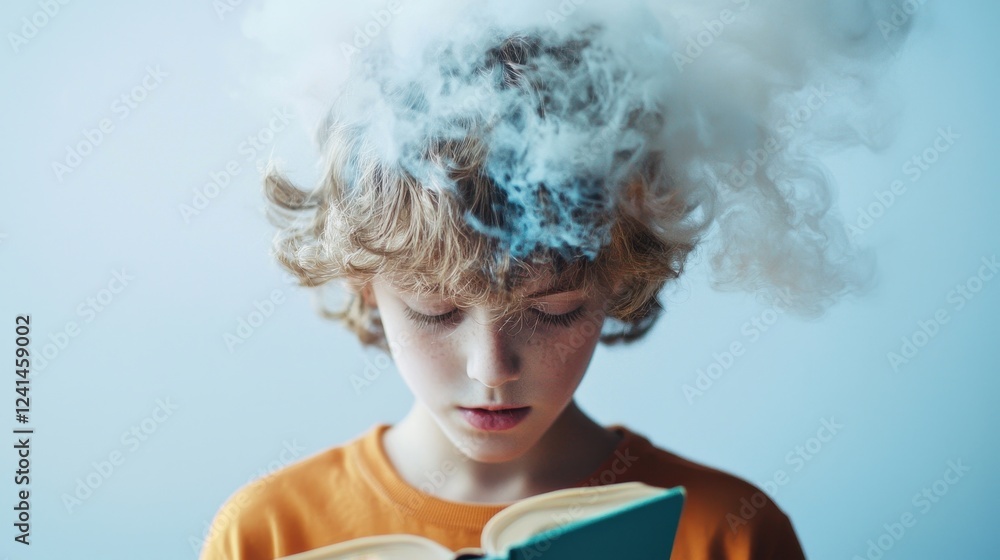Poster imaginative boy with cloud of thoughts above head while reading a book in a creative and dreamy sett