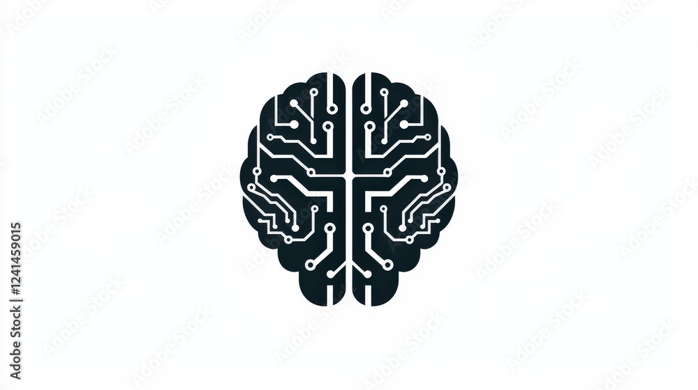 Poster minimalist logo design featuring circuit pattern on brain shape in black and white for modern brandi