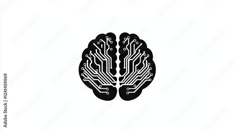 Aufkleber minimalist black and white logo design featuring a brain with circuit patterns on a clean background