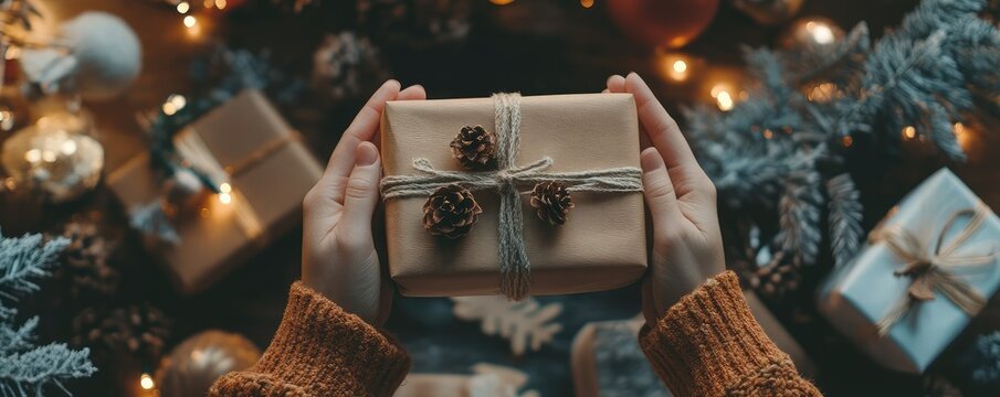 Hands holding a wrapped gift with string bow