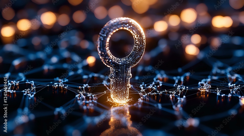 Poster glowing key silhouette on dark background with bokeh lights and reflective surface creates magical a