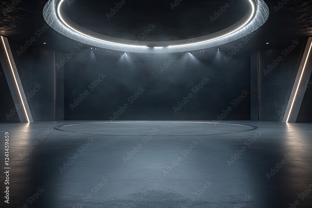 Poster a group of abstract futuristic architectural designs with an empty concrete floor, meant for car pre