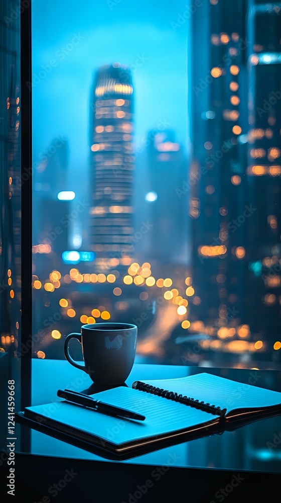 Poster coffee cup and open notebook on window sill against blurred night cityscape with glowing skyscraper 