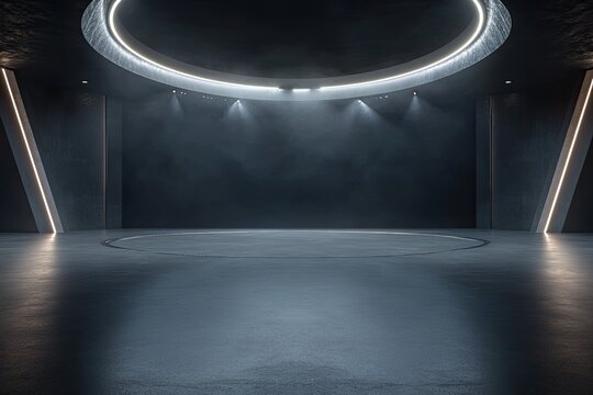 A group of abstract futuristic architectural designs with an empty concrete floor, meant for car presentation spaces