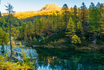 autumnal mountain landscape with a small stream  inside the Alpe Devero, Val D'Ossola, Verbania, Italia	
