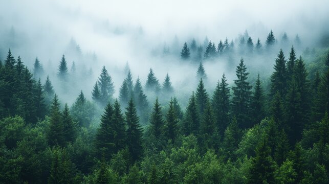 misty dark coniferous forest, nature background