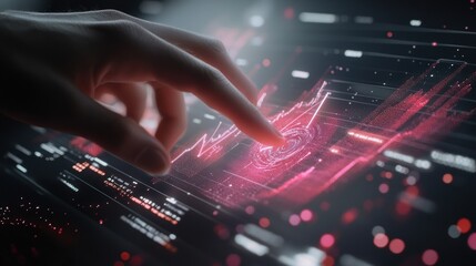 Businessman touching futuristic touchscreen to analyze financial data with interactive holographic charts, showcasing innovative technology in manufacturing and business analytics