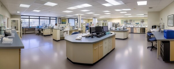 Modern lab interior, scientist at work, large windows, research facility