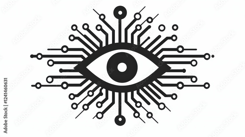 Poster minimalist black eye design with circuitry elements on white background for modern branding and digi