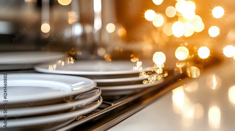 Aufkleber elegant white plates stacked on reflective surface with golden bokeh lights creating festive atmosph