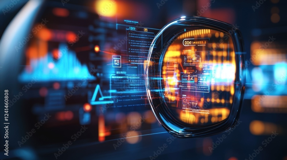 Poster futuristic head up display showing data and code, managing an innovative manufacturing process with 