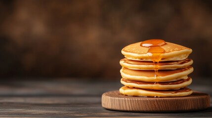 Fluffy golden pancakes stacked high and drizzled with rich syrup on a rustic wooden background perfect for breakfast