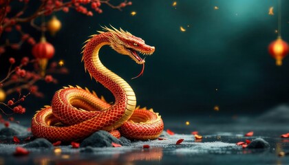 Fototapeta premium A golden-scaled dragon coils elegantly on dark ground adorned with red lanterns, emitting an aura of mystique and power in an Asian-inspired fantasy setting.