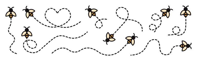 Honey bee flying on a dotted route. Bee symbol collection. Vector illustration.