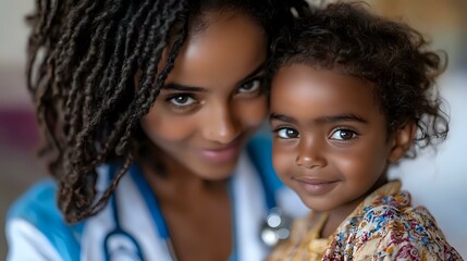Obraz premium Young African American female doctor in medical scrubs and stethoscope smiling with adorable little girl patient during pediatric checkup, healthcare concept.